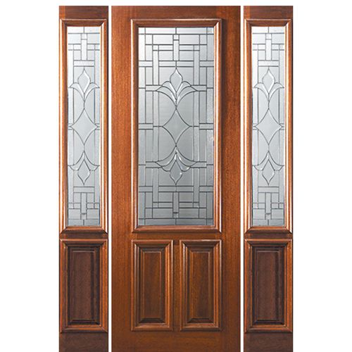 8'-0" 2/3 Lite Mahogany Wood Entry Door and Two Sidelites with Marsala Decorative Glass