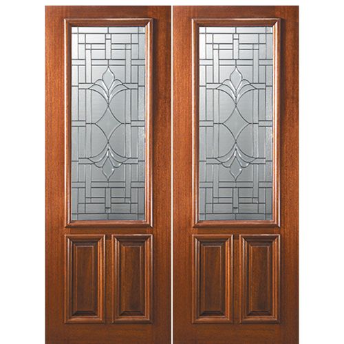 8'-0" 2/3 Lite Mahogany Wood Double Entry Door with Marsala Decorative Glass