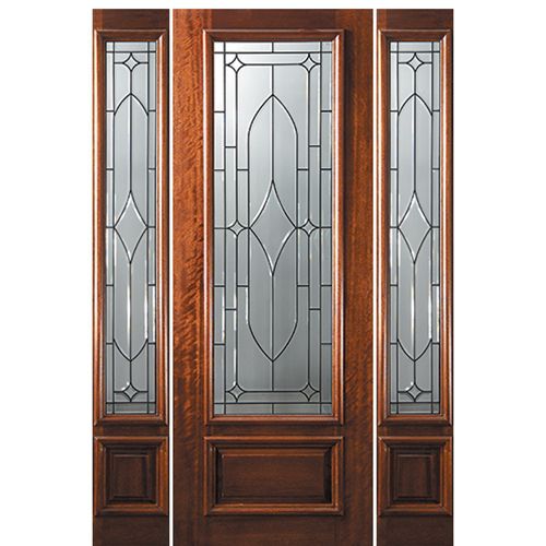 8'-0" 3/4 Lite Mahogany Wood Entry Door and Two Sidelites with Bourbon Street Decorative Glass