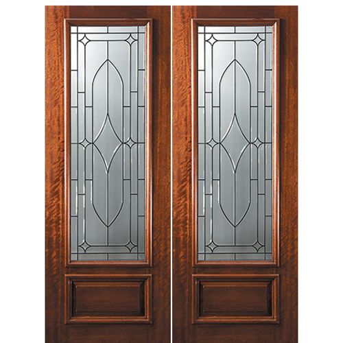 8'-0" 3/4 Lite Mahogany Wood Double Entry Door with Bourbon Street Decorative Glass