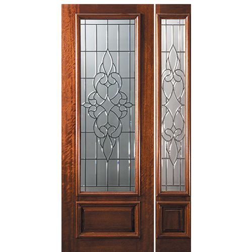 8'-0" 3/4 Lite Mahogany Wood Entry Door and One Sidelite with Courtlandt Decorative Glass