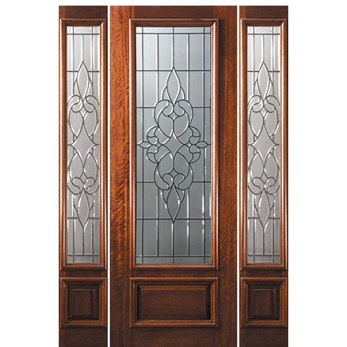 8'-0" 3/4 Lite Mahogany Wood Entry Door and Two Sidelites with Courtlandt Decorative Glass