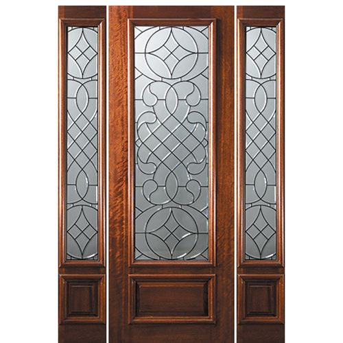 8'-0" 3/4 Lite Mahogany Wood Entry Door and Two Sidelites with Savoy Decorative Glass