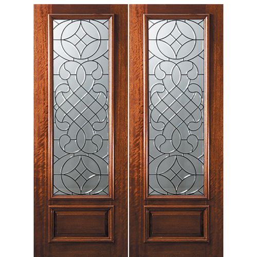 8'-0" 3/4 Lite Mahogany Wood Double Entry Door with Savoy Decorative Glass