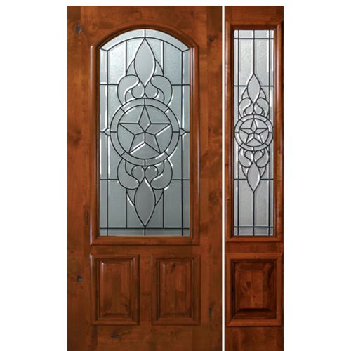 6'-8" Arch Lite Knotty Alder Wood Entry Door and One Sidelite with Brazos Decorative Glass