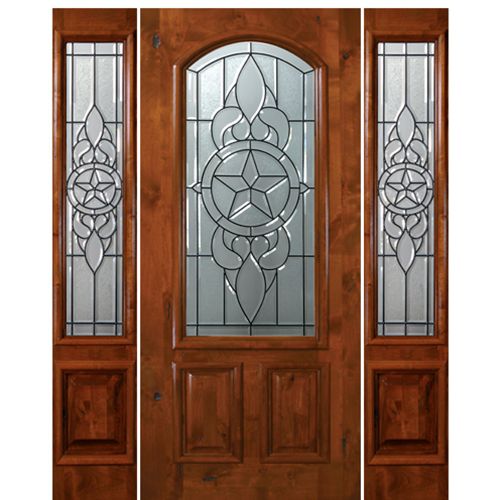 6'-8" Arch Lite Knotty Alder Wood Entry Door and Two Sidelites with Brazos Decorative Glass