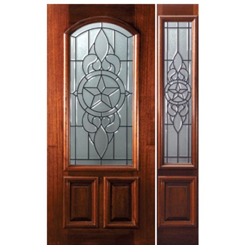 6'-8" Arch Lite Mahogany Wood Entry Door and One Sidelite with Brazos Decorative Glass