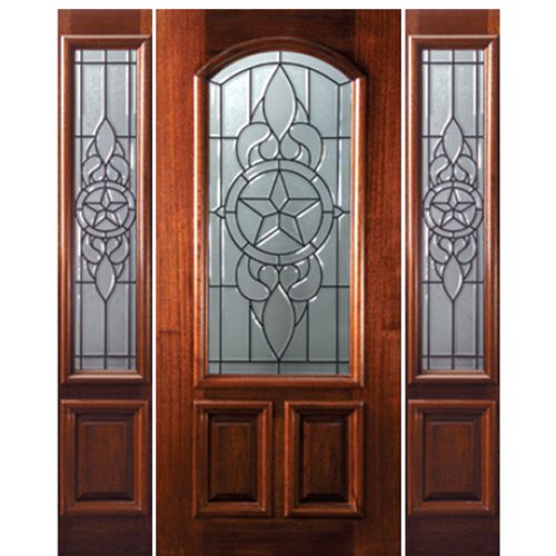 6'-8" Arch Lite Mahogany Wood Entry Door and Two Sidelites with Brazos Decorative Glass