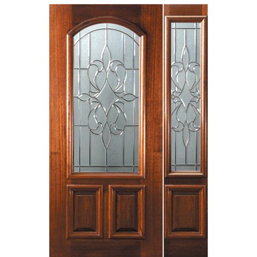 6'-8" Arch Lite Mahogany Wood Entry Door and One Sidelite with New Orleans Decorative Glass