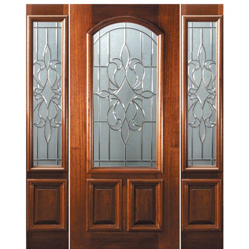 6'-8" Arch Lite Mahogany Wood Entry Door and Two Sidelites with New Orleans Decorative Glass