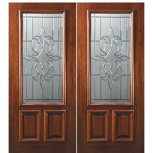 6'-8" 2/3 Lite Mahogany Wood Double Entry Door with New Orleans Decorative Glass