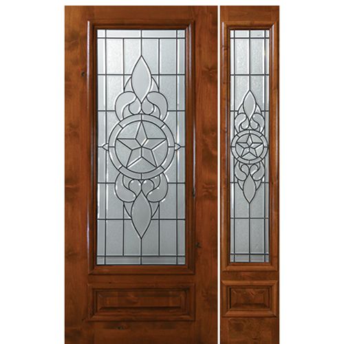 6'-8" 3/4 Lite Knotty Alder Wood Entry Door and One Sidelite with Brazos Decorative Glass