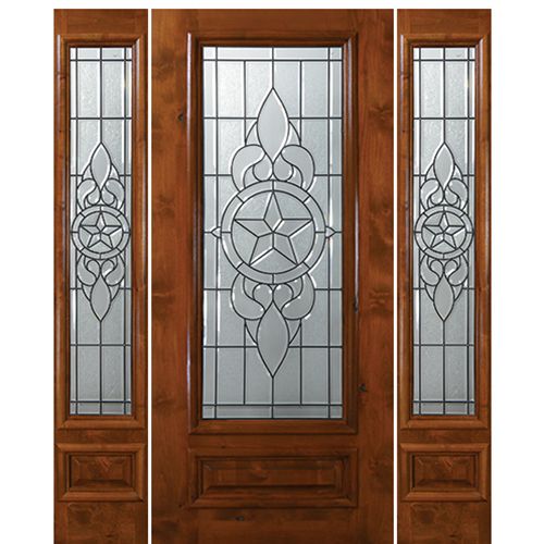 6'-8" 3/4 Lite Knotty Alder Wood Entry Door and Two Sidelites with Brazos Decorative Glass