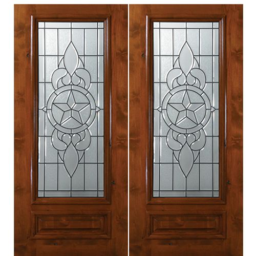 6'-8" 3/4 Lite Knotty Alder Wood Double Entry Door with Brazos Decorative Glass