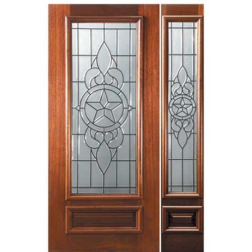 6'-8" 3/4 Lite Mahogany Wood Entry Door and One Sidelite with Brazos Decorative Glass