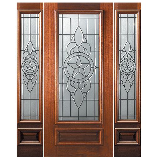 6'-8" 3/4 Lite Mahogany Wood Entry Door and Two Sidelites with Brazos Decorative Glass