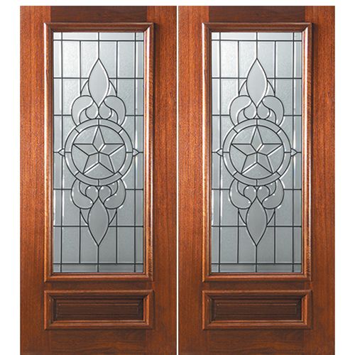 6'-8" 3/4 Lite Mahogany Wood Double Entry Door with Brazos Decorative Glass