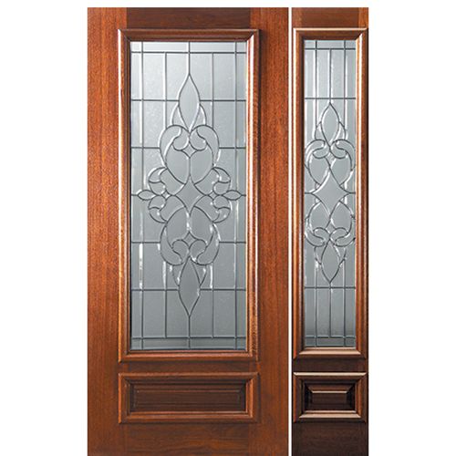 6'-8" 3/4 Lite Mahogany Wood Entry Door and One Sidelite with Courtlandt Decorative Glass