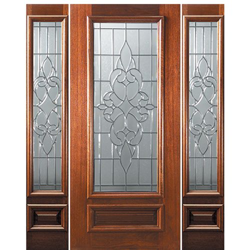 6'-8" 3/4 Lite Mahogany Wood Entry Door and Two Sidelites with Courtlandt Decorative Glass