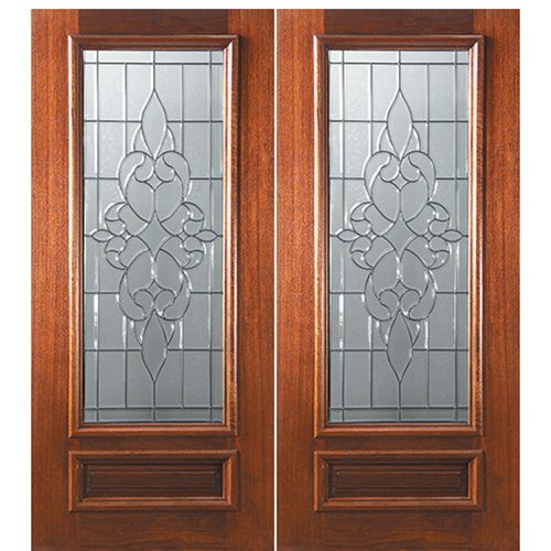 6'-8" 3/4 Lite Mahogany Wood Double Entry Door with Courtlandt Decorative Glass