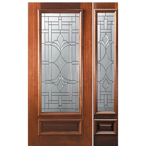 6'-8" 3/4 Lite Mahogany Wood Entry Door and One Sidelite with Marsala Decorative Glass