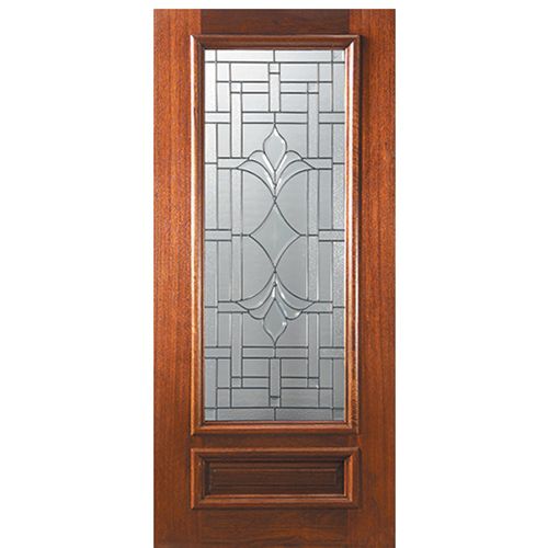 6'-8" 3/4 Lite Mahogany Wood Entry Door with Marsala Decorative Glass