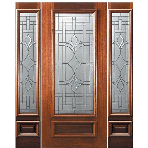 6'-8" 3/4 Lite Mahogany Wood Entry Door and Two Sidelites with Marsala Decorative Glass