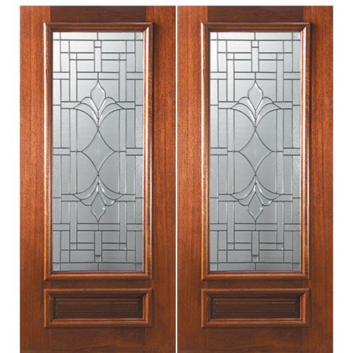 6'-8" 3/4 Lite Mahogany Wood Double Entry Door with Marsala Decorative Glass