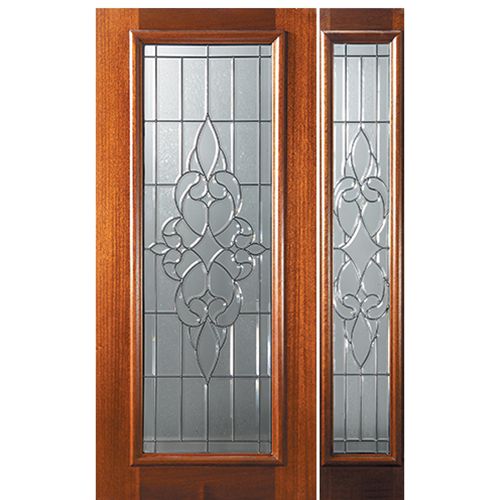 6'-8" Full Lite Mahogany Wood Entry Door and One Sidelite with Courtlandt Decorative Glass