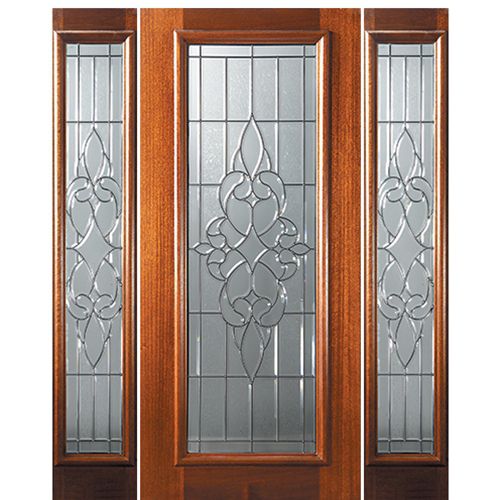 6'-8" Full Lite Mahogany Wood Entry Door and Two Sidelites with Courtlandt Decorative Glass