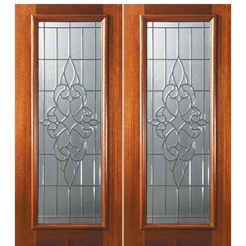 6'-8" Full Lite Mahogany Wood Double Entry Door with Courtlandt Decorative Glass