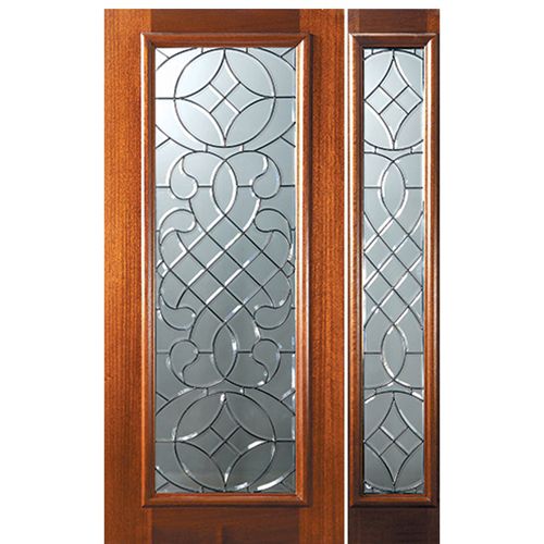 6'-8" Full Lite Mahogany Wood Entry Door and One Sidelite with Savoy Decorative Glass