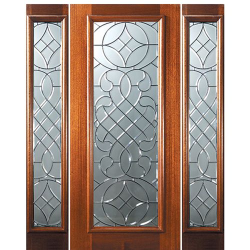 6'-8" Full Lite Mahogany Wood Entry Door and Two Sidelites with Savoy Decorative Glass