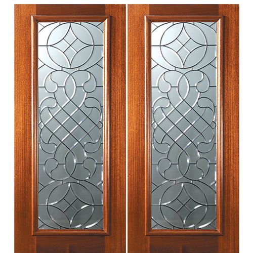 6'-8" Full Lite Mahogany Wood Double Entry Door with Savoy Decorative Glass