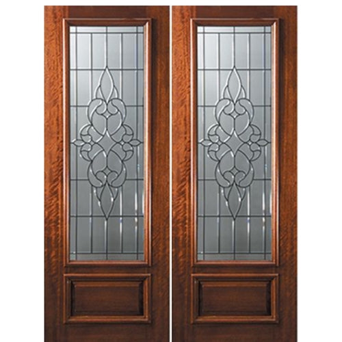 8'-0" 3/4 Lite Mahogany Wood Double Entry Door with Courtlandt Decorative Glass