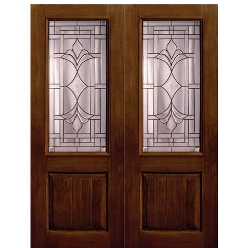 1 Panel 2/3 Lite Marsala, Knotty Alder Wood Grain Fiberglass Double Entry Door