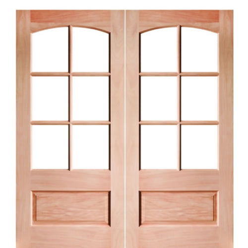 6 Lite 1 Panel Mahogany TDL Double Entry Door with Top Rail Arch and Insulated, Beveled Glass