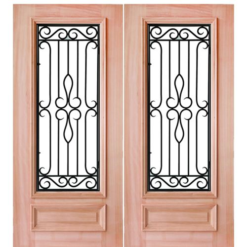 3/4 Lite Forged Iron Mahogany Double Entry Doors with Flemish Glass