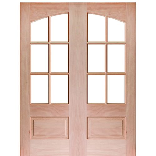 96" Tall 6-Lite 1 Panel Mahogany TDL Double Entry Door with Arched and Insulated, Beveled Glass