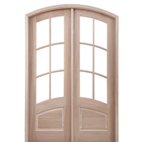 Prehung 6 Lite 1 Panel Arch Top French Curve Mahogany TDL Double Entry Door with Insulated, Beveled Glass