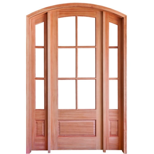 Prehung 6 Lite 1 Panel Arch Top Mahogany Door and Two 12" 3 Lite 1 Panel Sidelites with Insulated, Beveled Glass