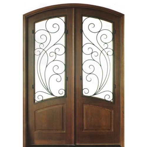 Pre-hung Arch Top Mahogany Double Entry Doors with Arched Glass Panels and Decorative Wrought Iron Grille