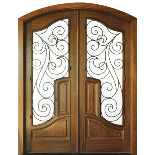 Pre-hung Arch Top Mahogany Double Entry Doors with Flemish Glass and Decorative Wrought Iron Grille