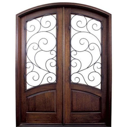 Pre-hung 8-0" Tall Arch Top Mahogany Double Entry Doors with Arched Glass Panels and Decorative Wrought Iron Grille