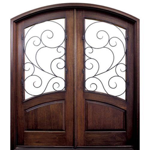 Pre-hung 6-8" Tall Arch Top Mahogany Double Entry Doors with Arched Glass Panels and Decorative Wrought Iron Grille