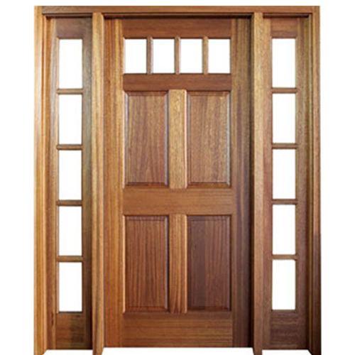 36"x80" Louisburg Mahogany Entry Door and Two 5-Lite Sidelites with Clear Beveled Low-E Glass