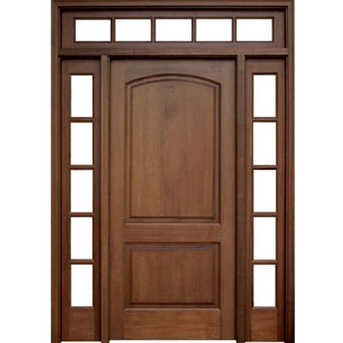 Belle Meade 2-Panel Mahogany Entry Door and Two 5-Lite Sidelites and Transom with Clear Beveled Low-E Glass