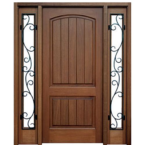 36"x80" 2-Panel V-Grooved Mahogany Entry Door and Two Full Lite Sidelites with Decorative Wrought Iron