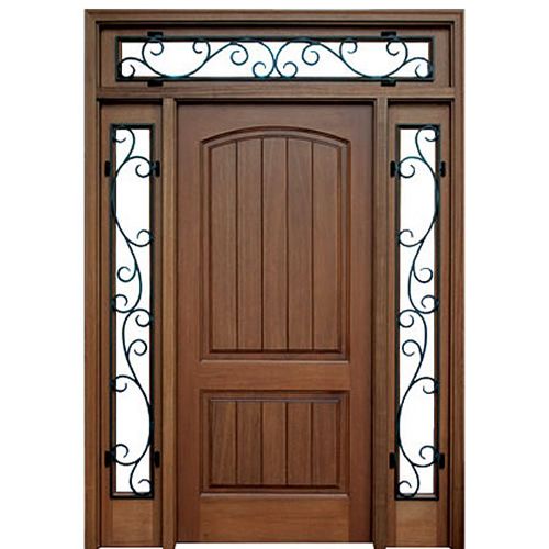 36"x80" 2-Panel V-Grooved Arched Panel Mahogany Entry Door with Sidelites and 12" Transom, Decorative Wrought Iron and Clear Low-E Glass