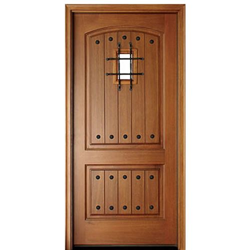 Decatur Hendersonville 2-Panel V-Grooved Mahogany Entry Door with Speakeasy, Round Clavos, and a Straight Grille